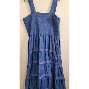 Lands End  Tiered Tank Maxi Smocked Square Neck Prarie Boho Chambray‎ Dobby  3XL